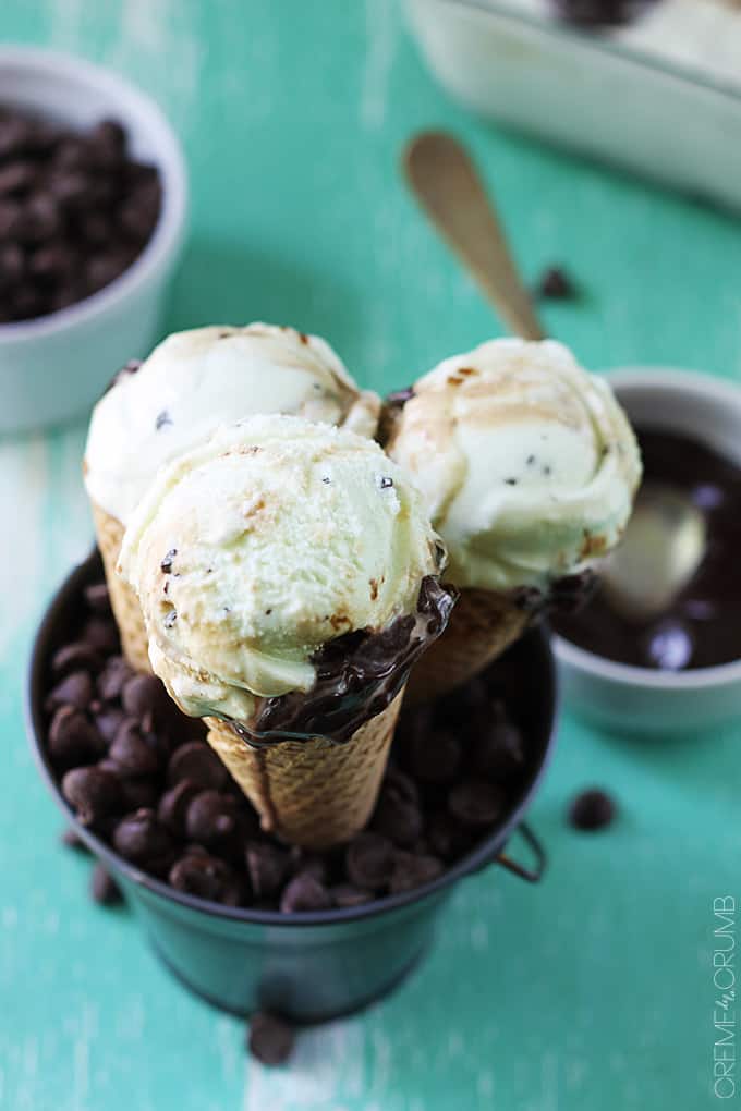 Мятное мороженое с шоколадной крошкой с горячей помадкой